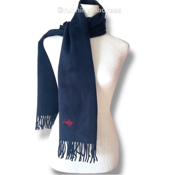 Vintage Cashmere Scarf In Navy Blue With Red Equestrian Knight Design Logo - Picture 9 of 9